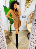 Abito in raso Camel semplice con cintura