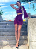 Abito aderente monospalla Bordeaux con manica lunga