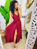 Abito in raso con maxi spacco Bordeaux scuro