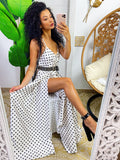Abito in raso con maxi spacco bianco pois nero