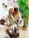Cardigan Camel/Black con frange e cinta