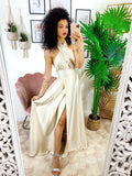 Abito in raso con maxi spacco incrociato beige