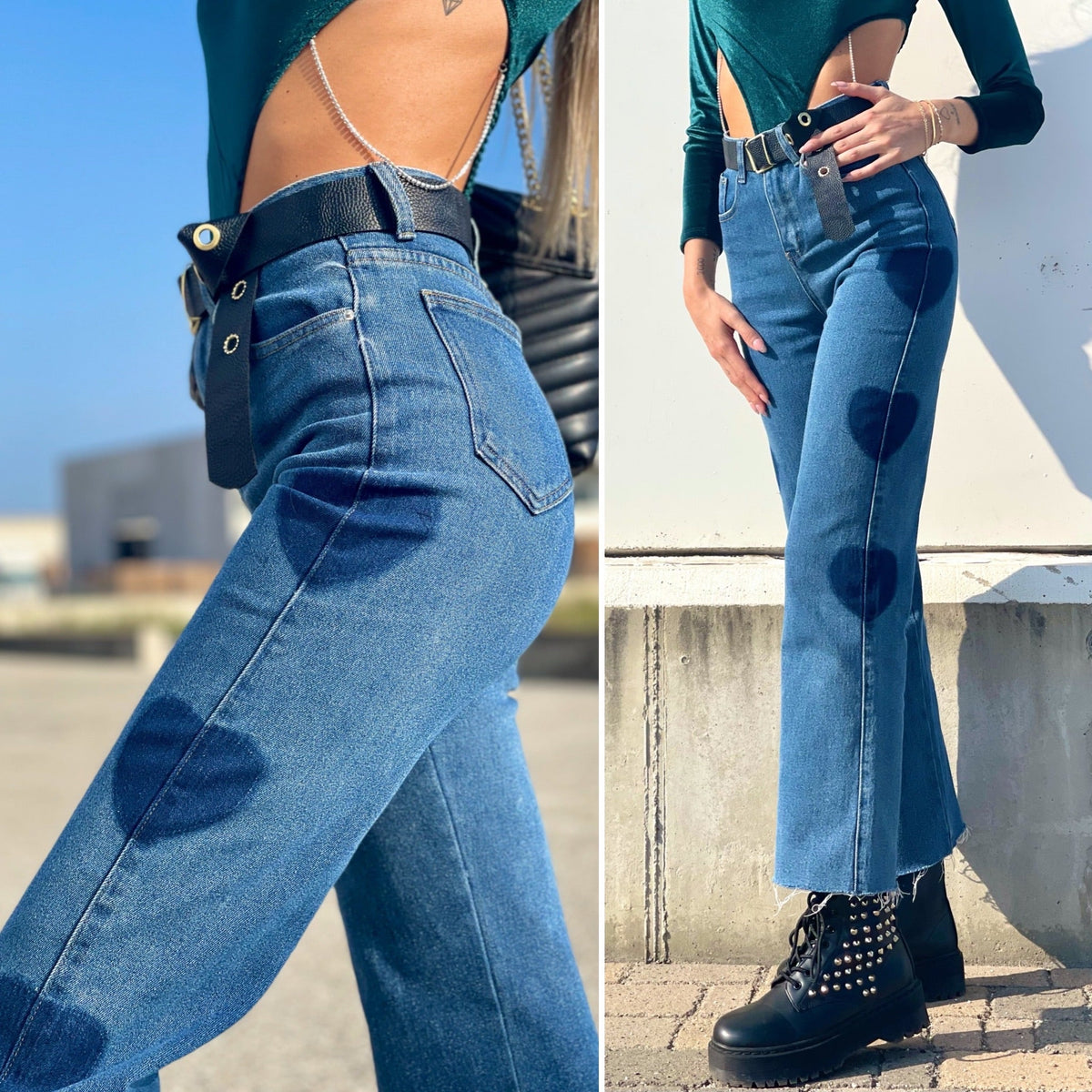 Jeans wide leg con cuori