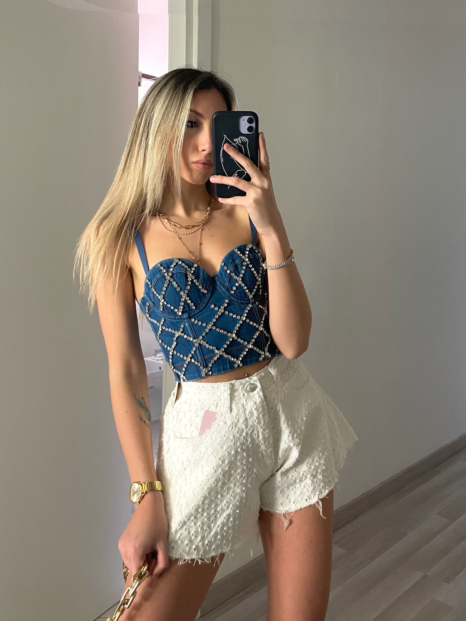Corpetto in jeans con strass
