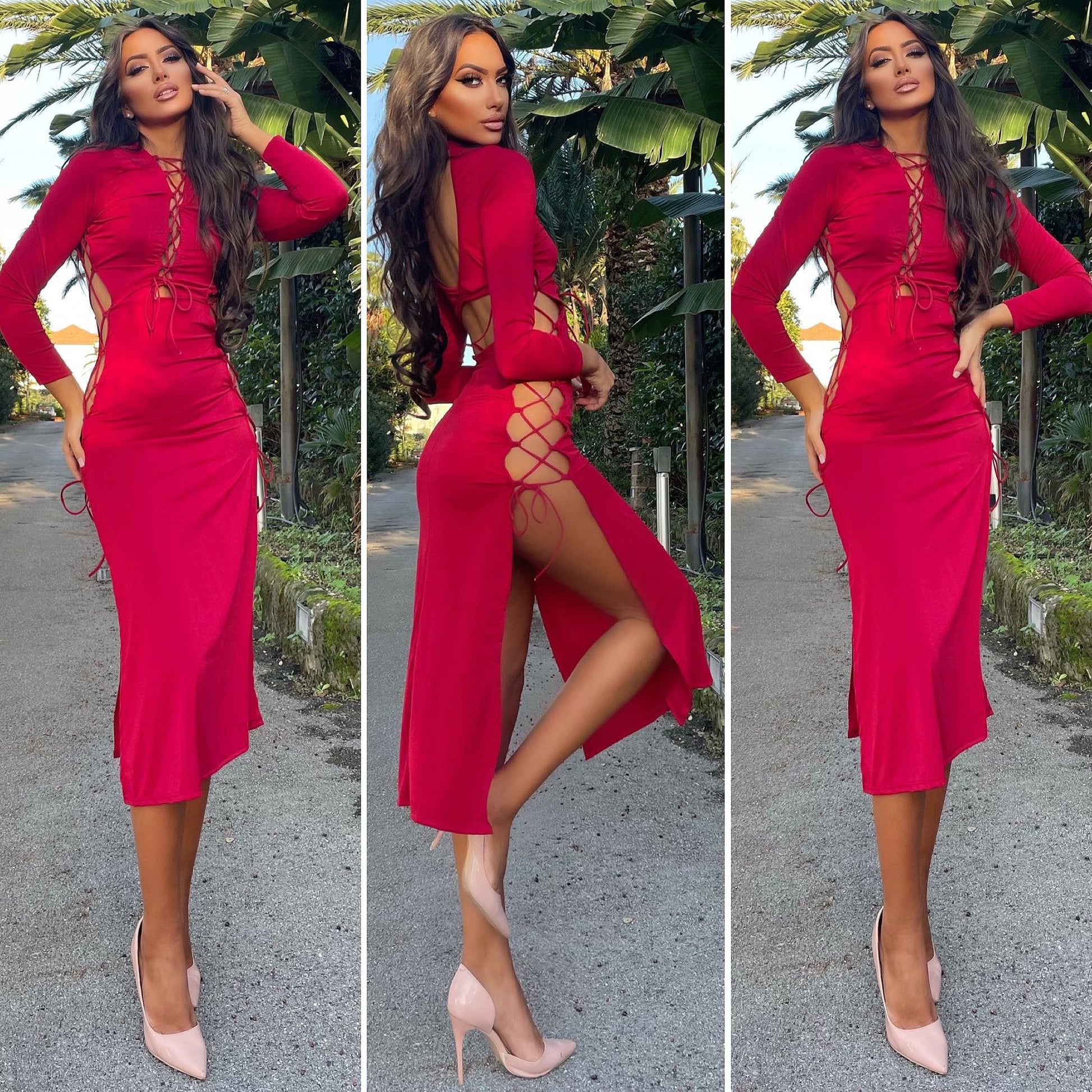 Abito midi Rosso con lacci