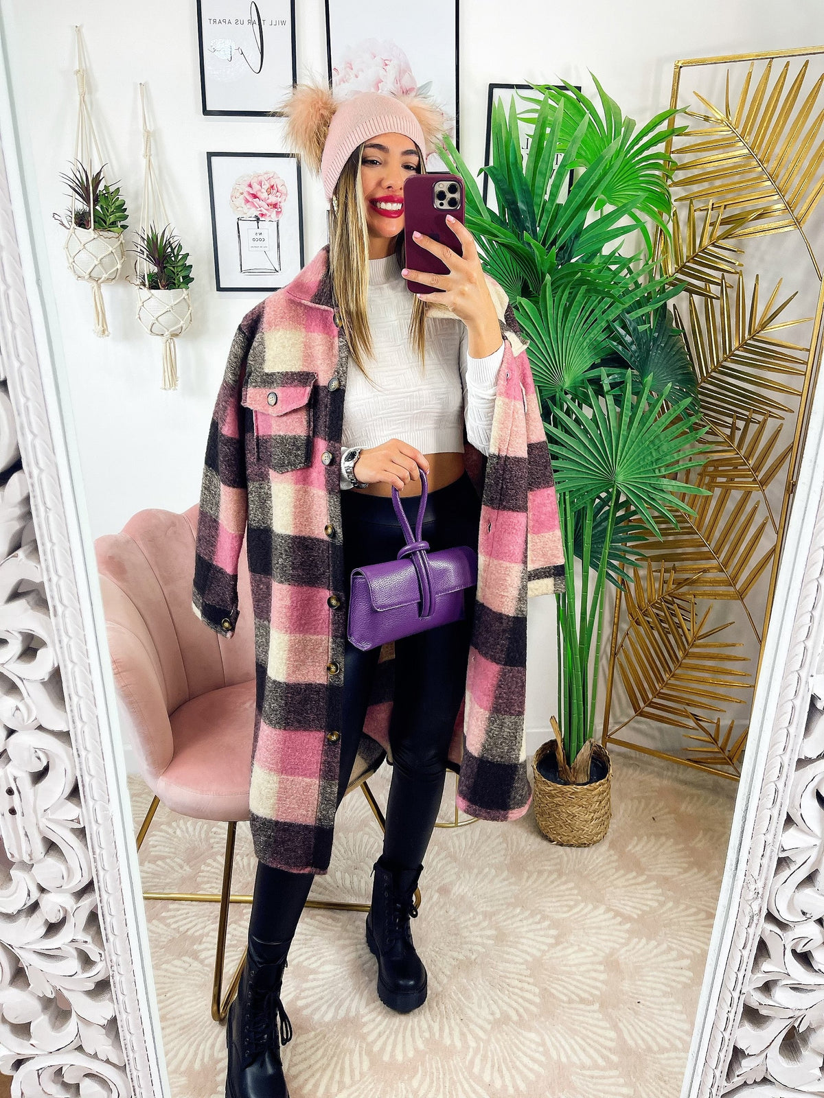 Maxi camicione a quadri nero e rosa