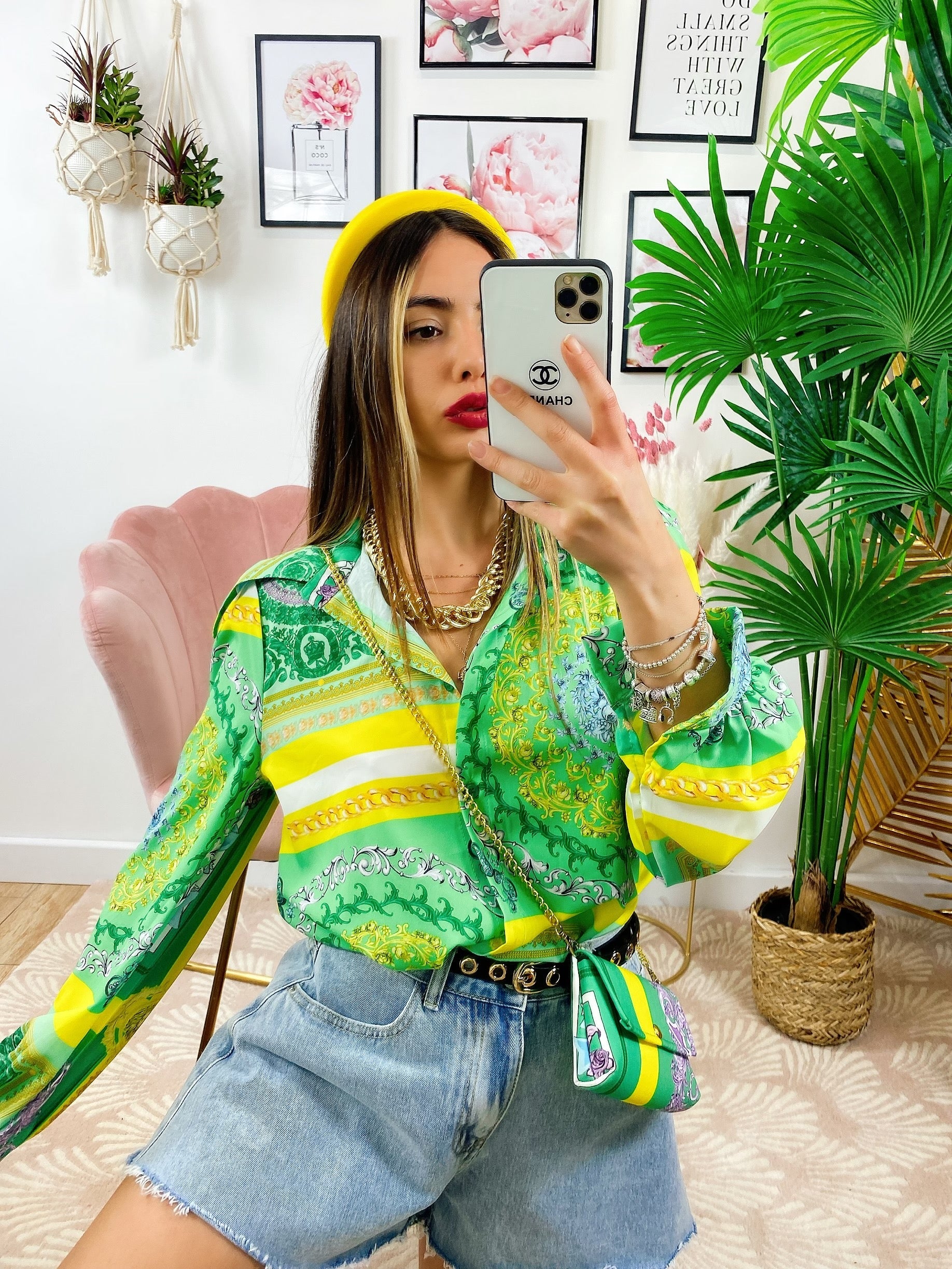 Camicia etnica dettaglio verde con borsetta