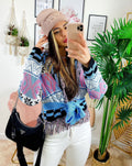 Cardigan corto frange e cinta base celeste