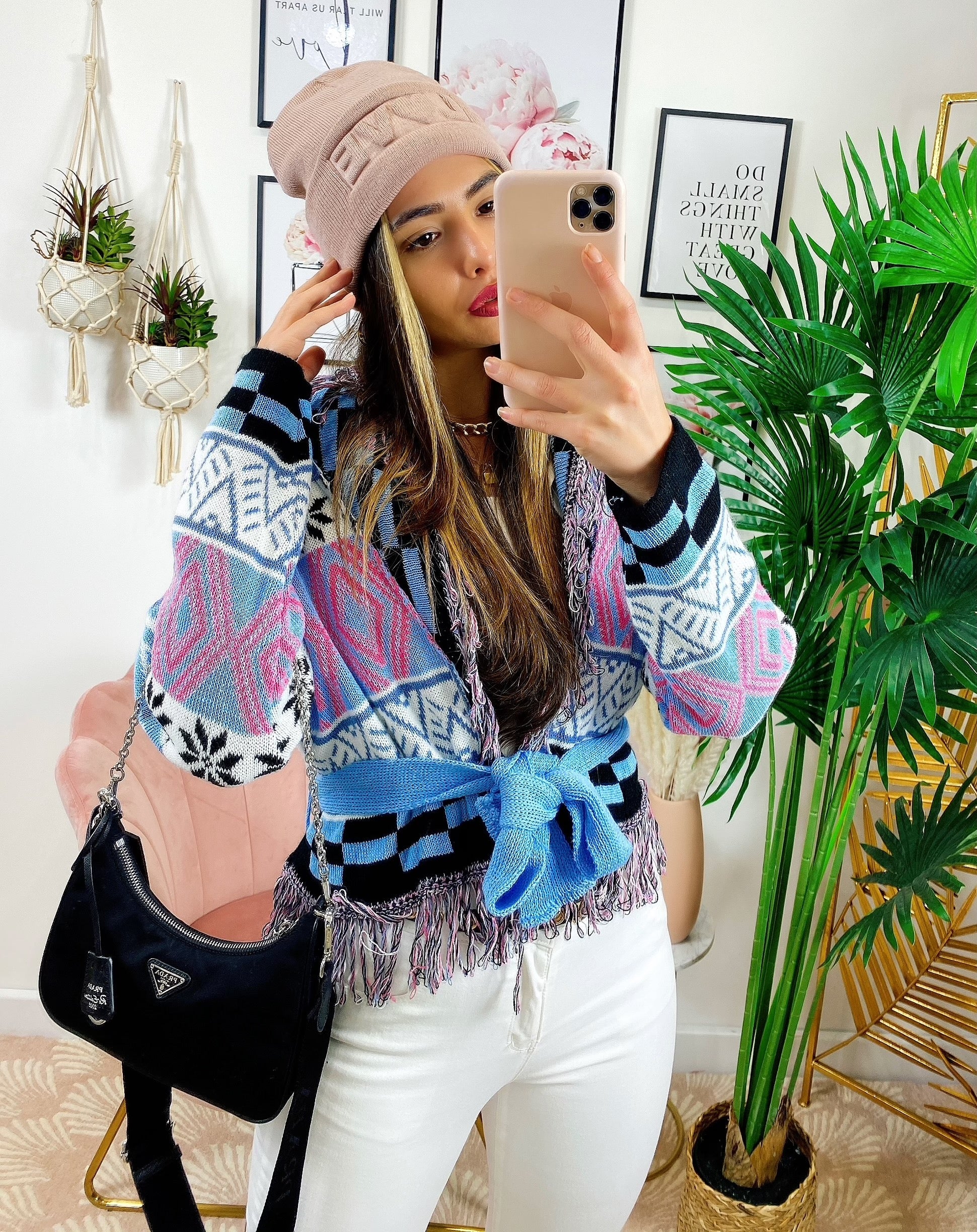 Cardigan corto frange e cinta base celeste