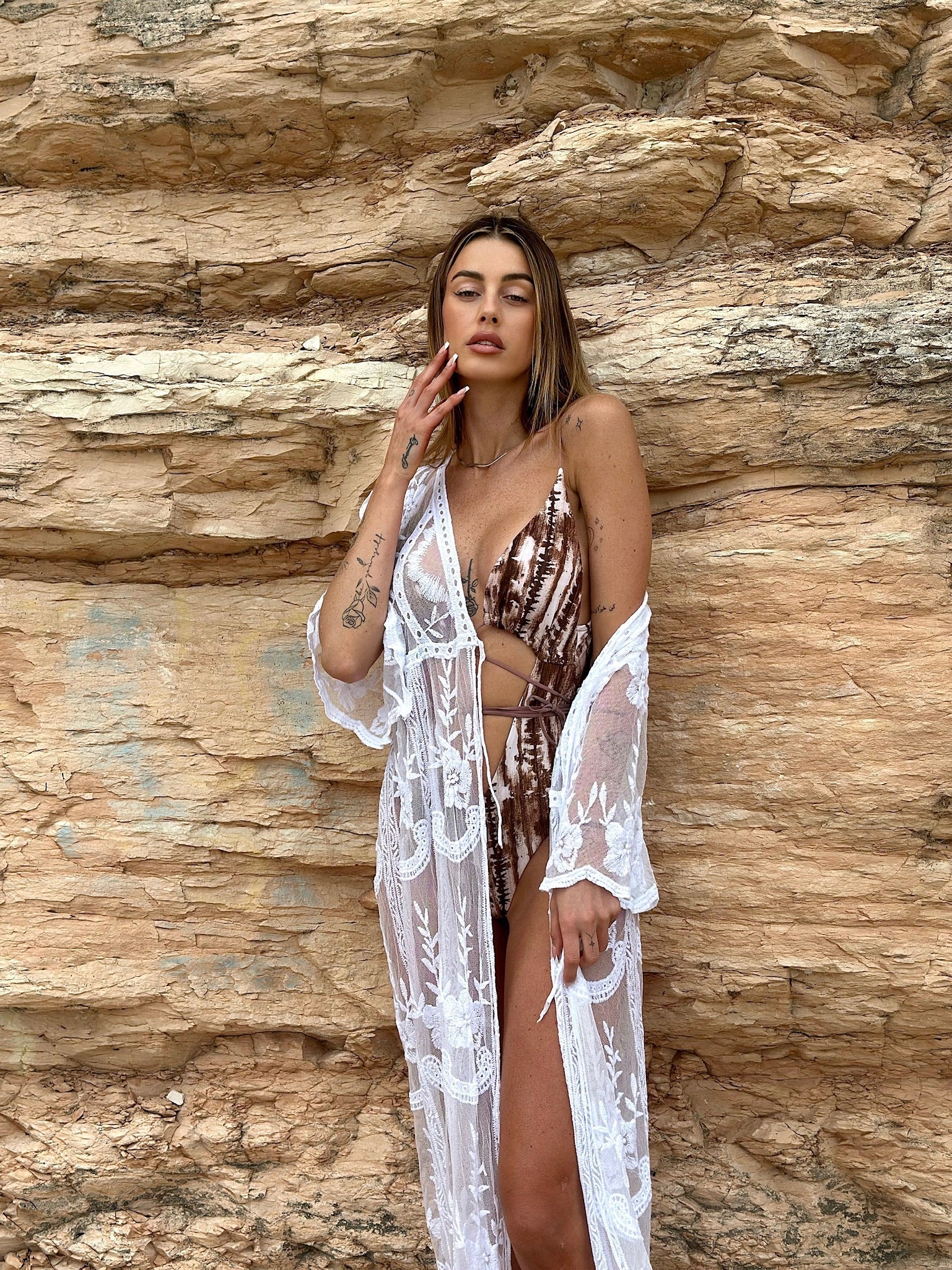 Pareo/kimono lungo in pizzo bianco