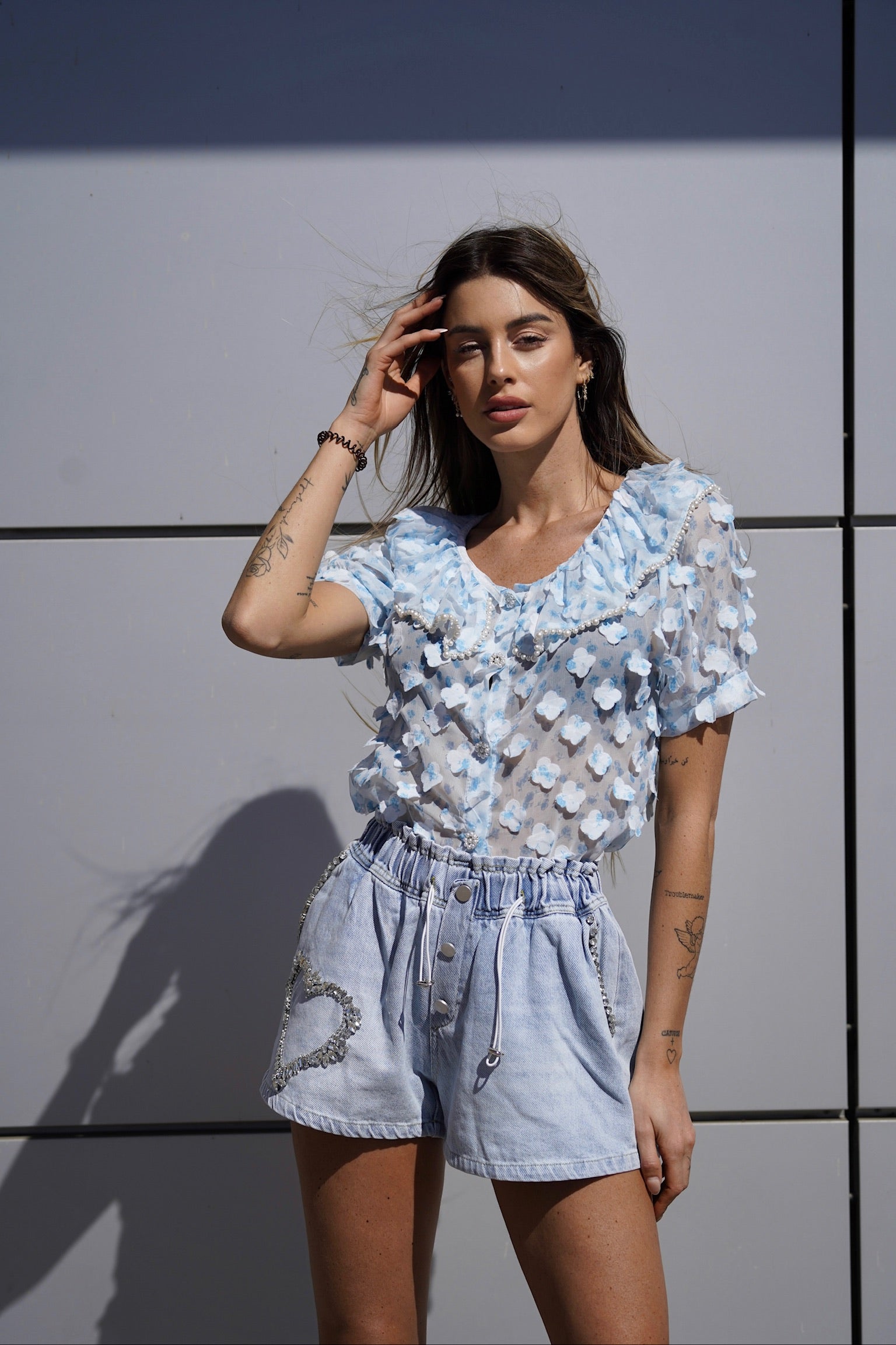 Short in jeans cuore in strass