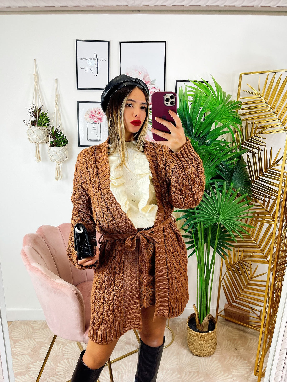 Cardigan Camel con trecce e cintura
