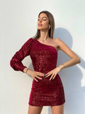 Abito con paillettes monospalla Bordeaux