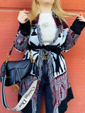 Cardigan Black/Bordeaux con frange e cinta