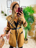 Cappotto check camel con cintura