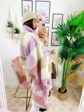 Giacca a quadri lilla/beige lunga con frange