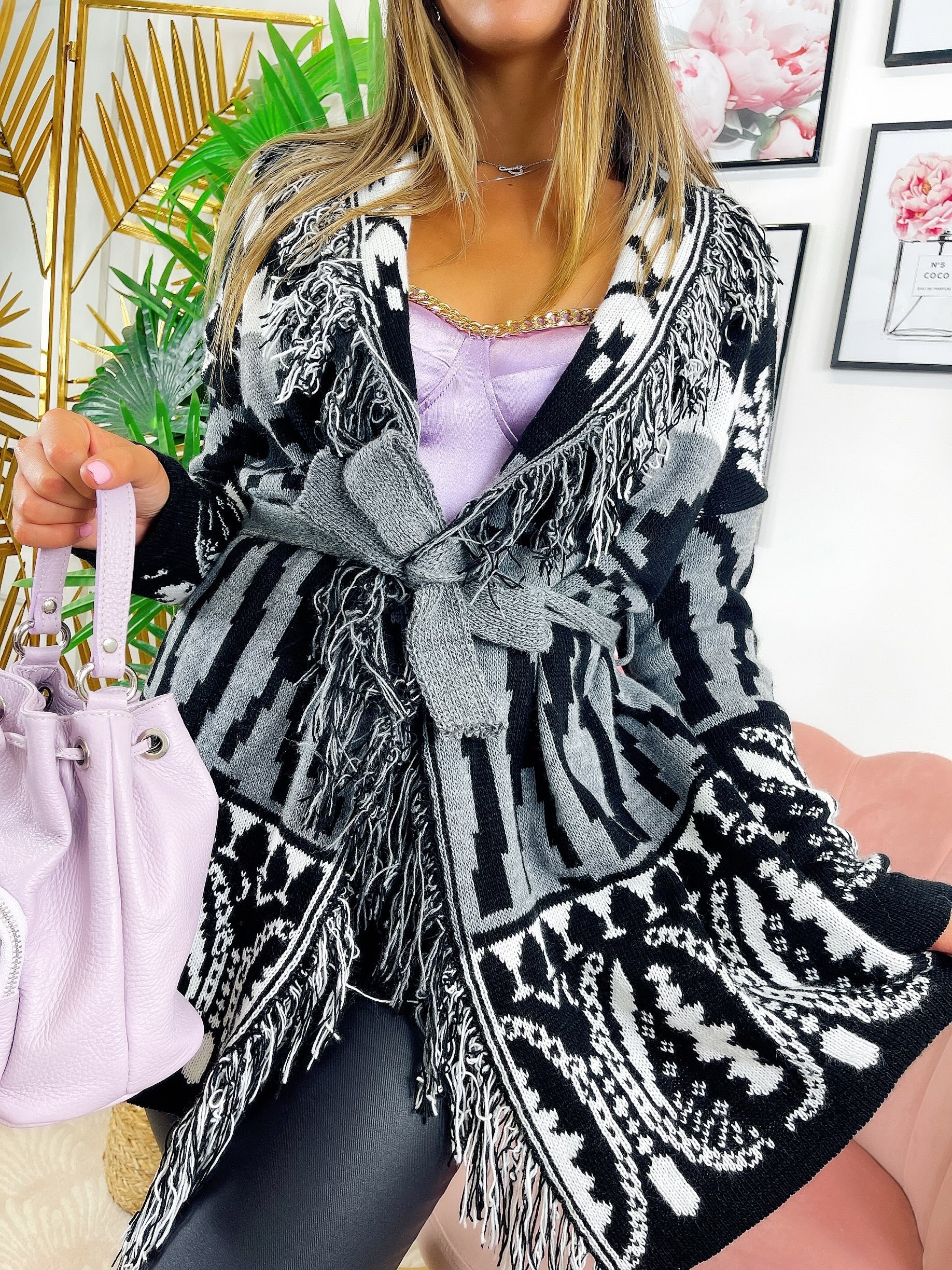 Cardigan con frange e cinta dettaglio Grigio nero