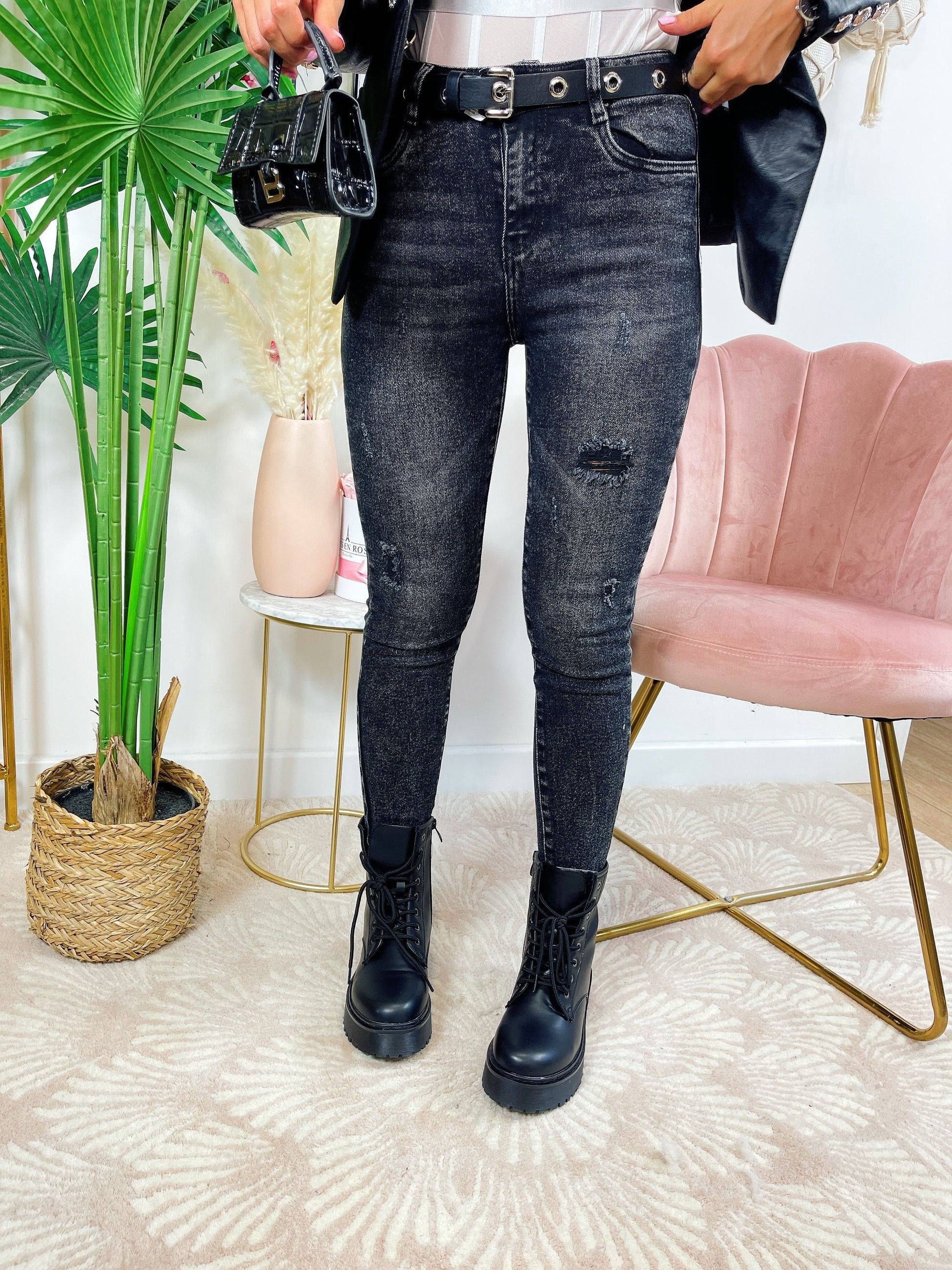jeans nero/grigio con strappi