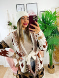 Cardigan Camel/Black con frange e cinta