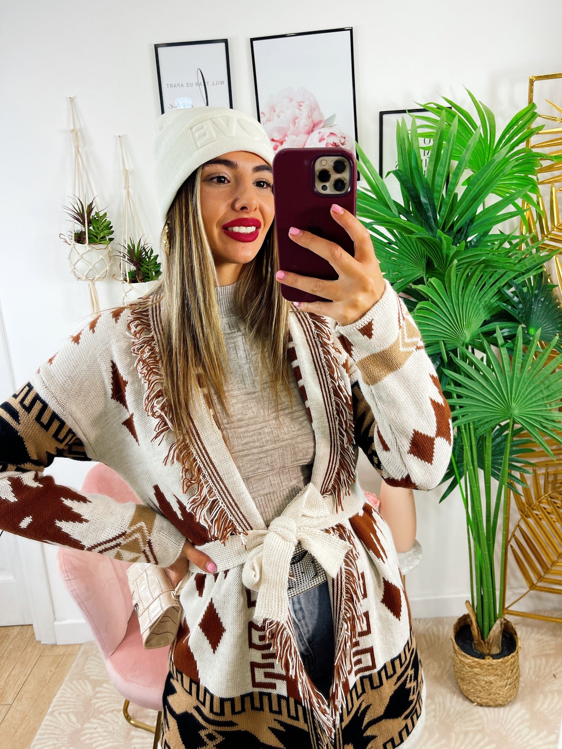 Cardigan Camel/Black con frange e cinta