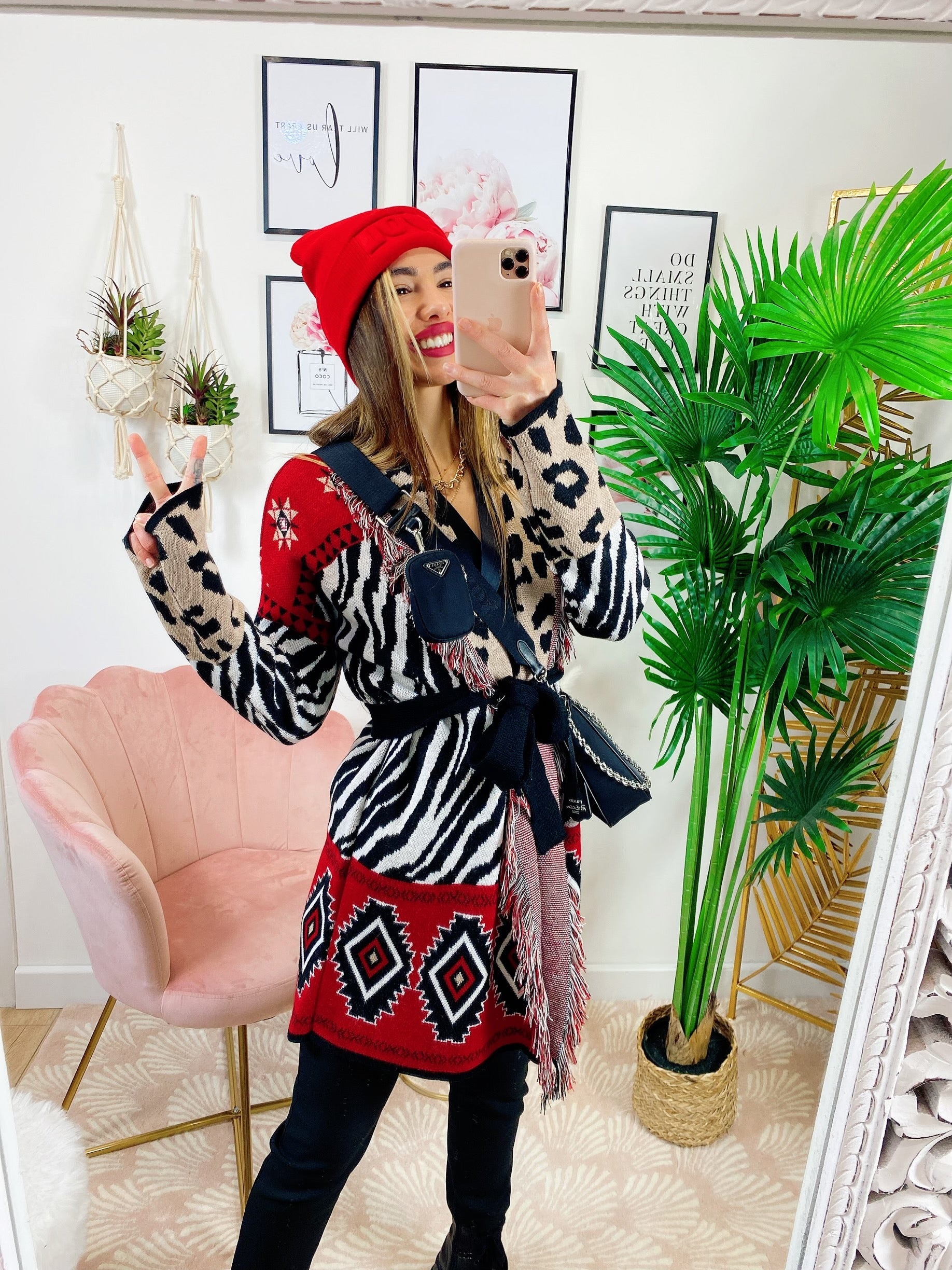 Cardigan Zebrato con frange e cinta