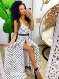 Abito in raso con maxi spacco bianco pois nero