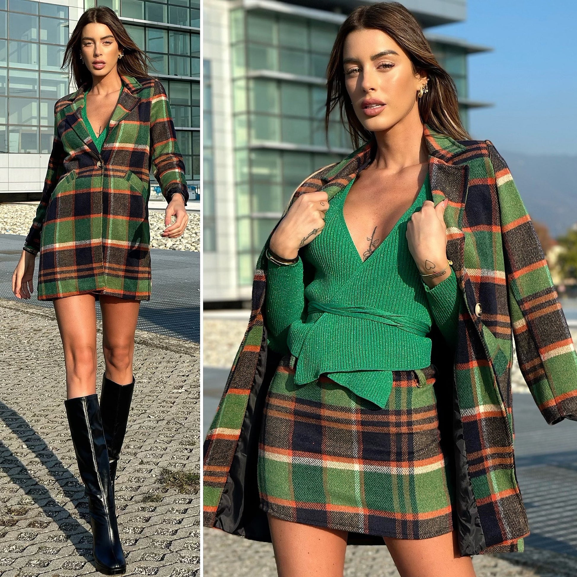 Cappotto check trama verde