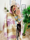 Giacca a quadri lilla/beige lunga con frange
