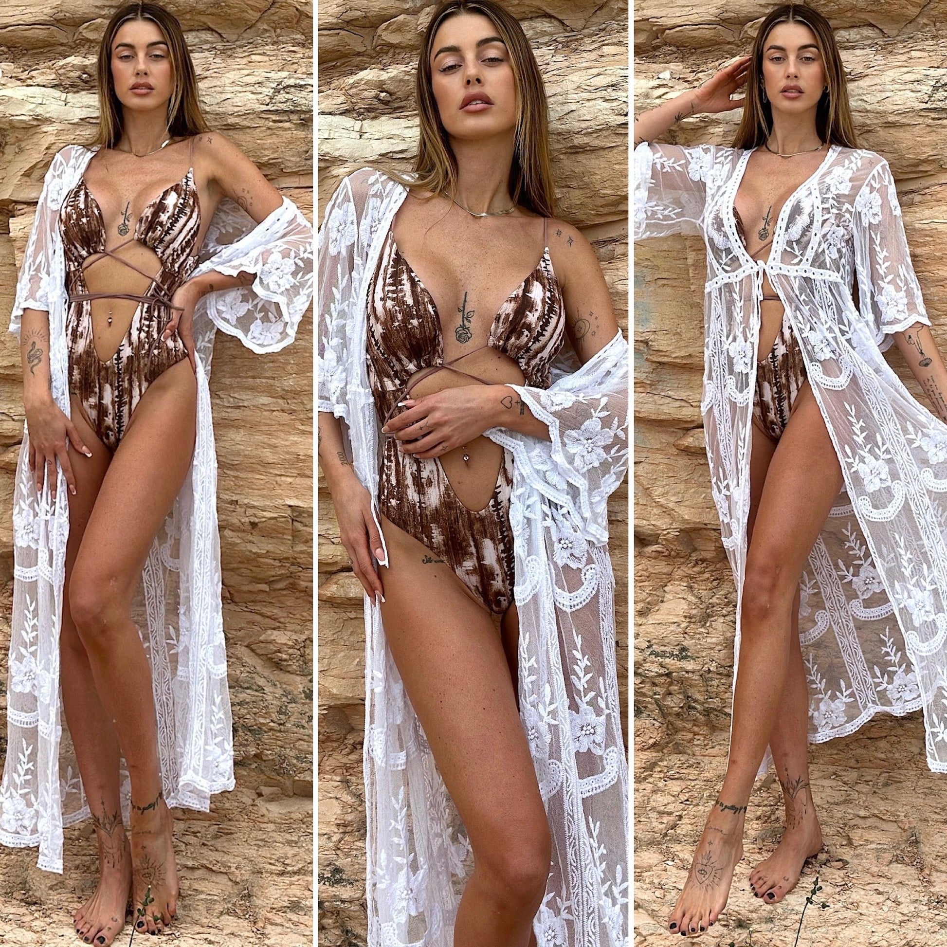 Pareo/kimono lungo in pizzo bianco