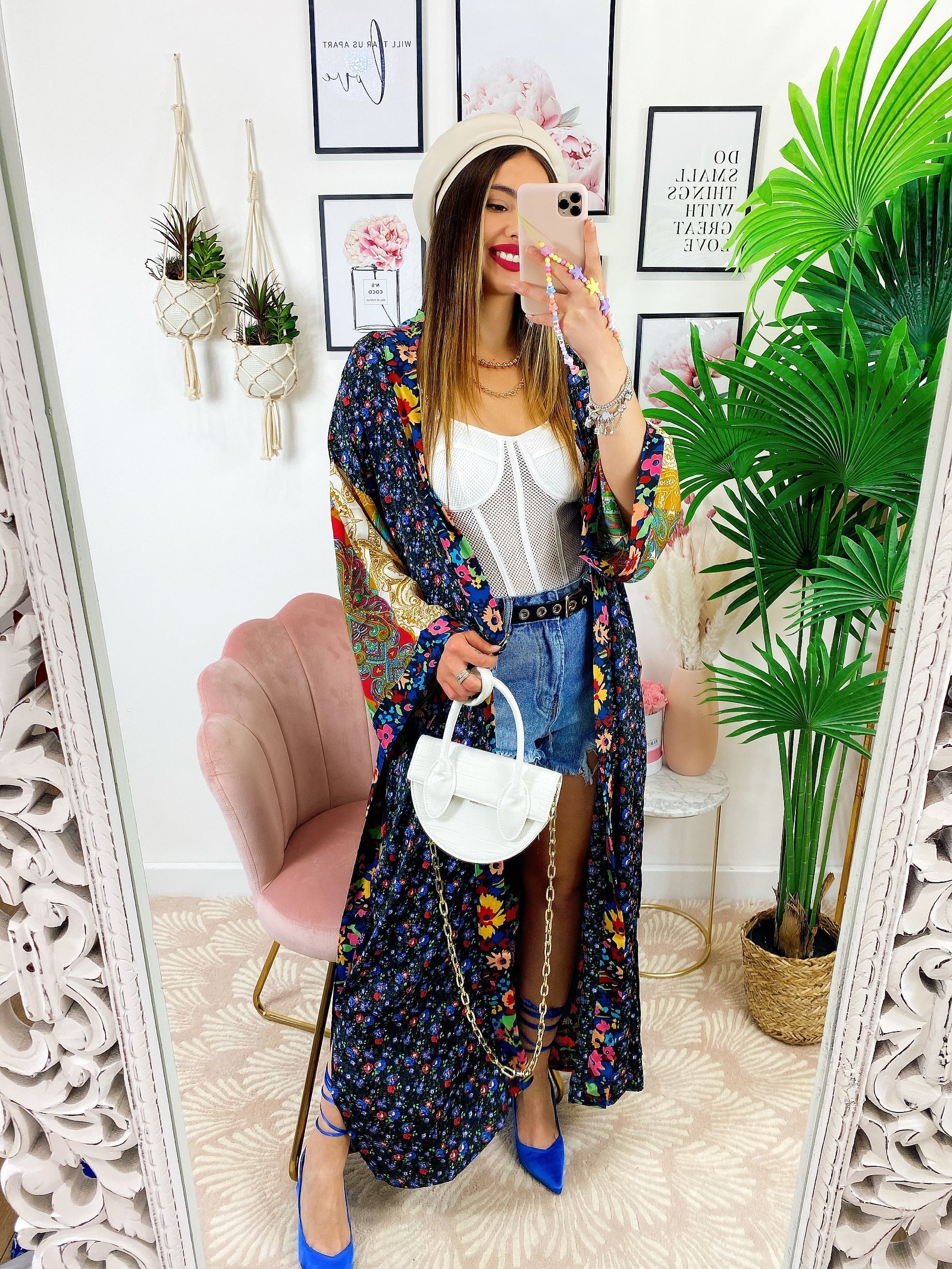 Kimono in seta etnico base nera con fiori