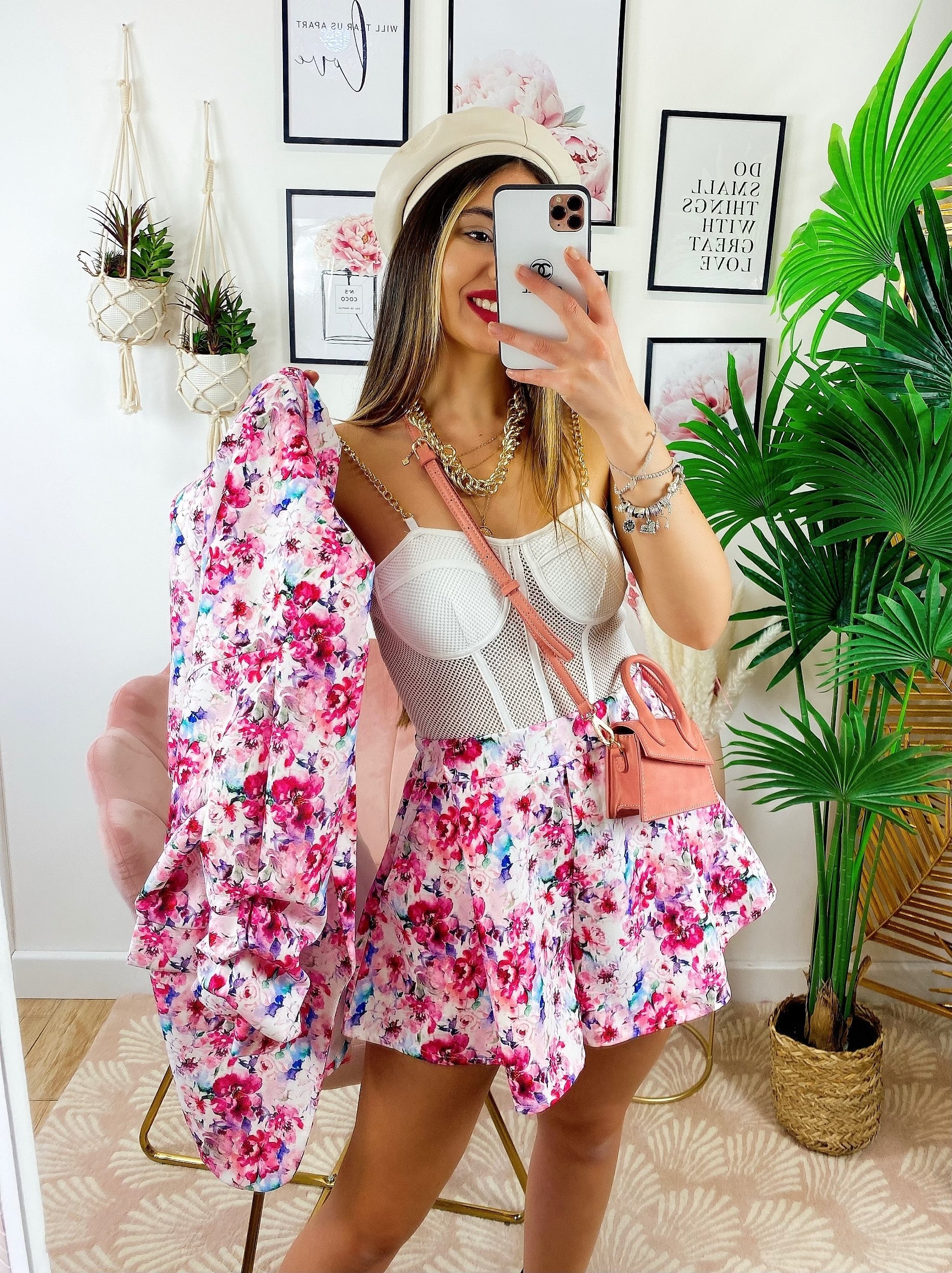 Completo Giacca e Short fiori fucsia