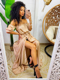 Abito in raso lungo con scollo a barchetta beige