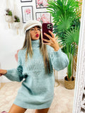 Maxi maglione collo alto con perle verdeacqua