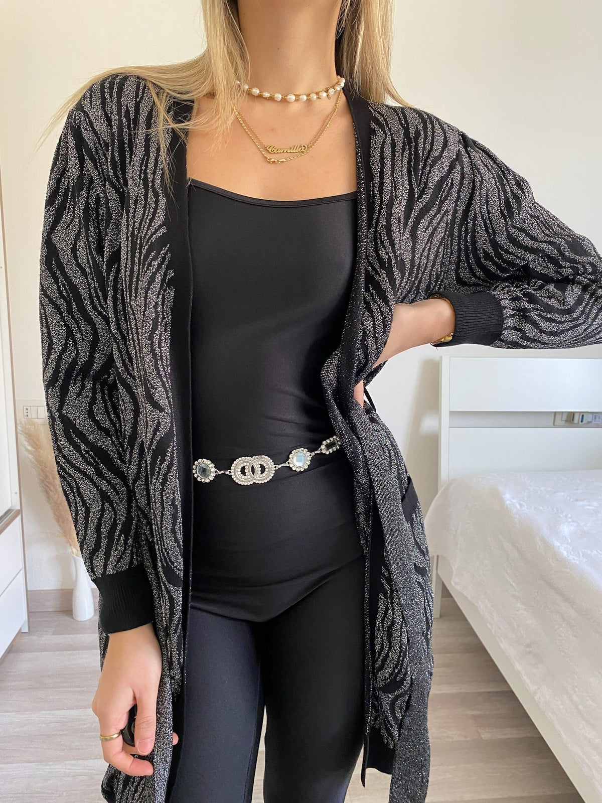 Cardigan in lurex zebrato nero