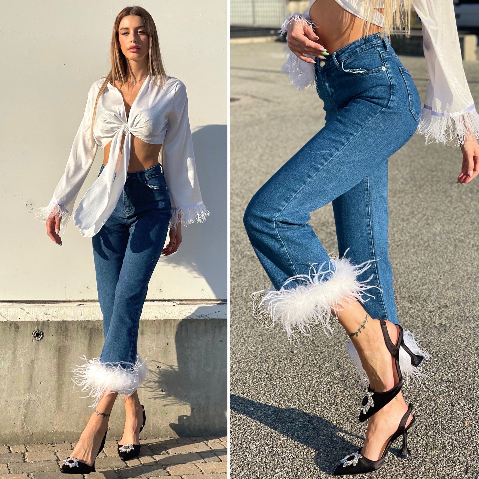 Jeans con piume bianche