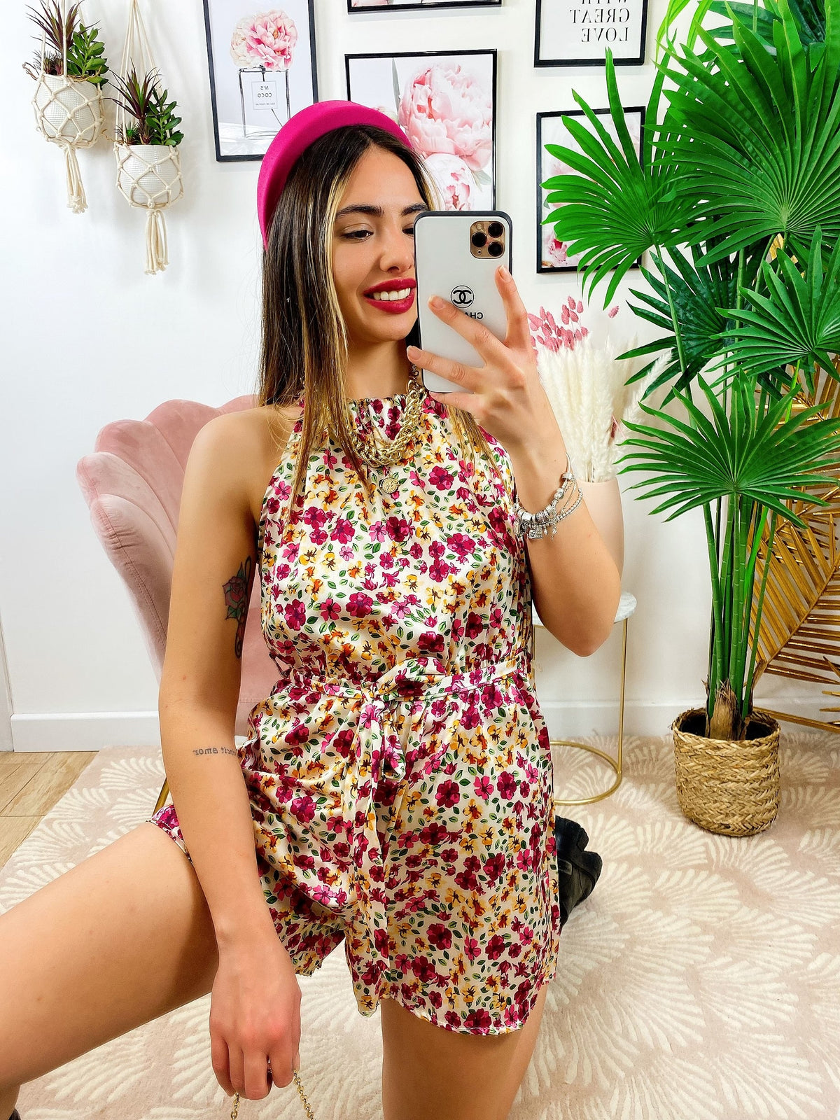 Tutina in raso con fiori base bianca