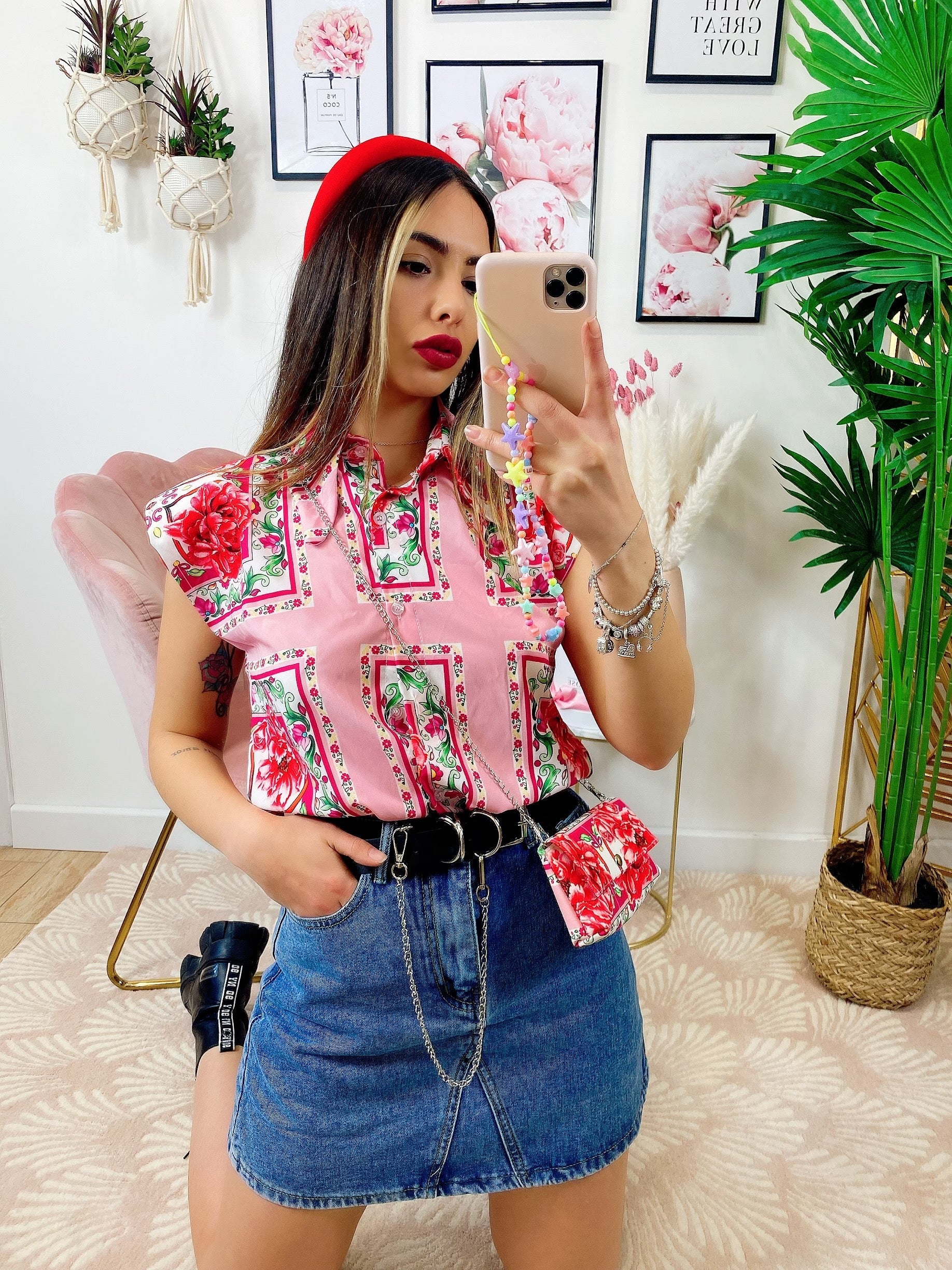 Camicia smanicata con borsetta base Rosa