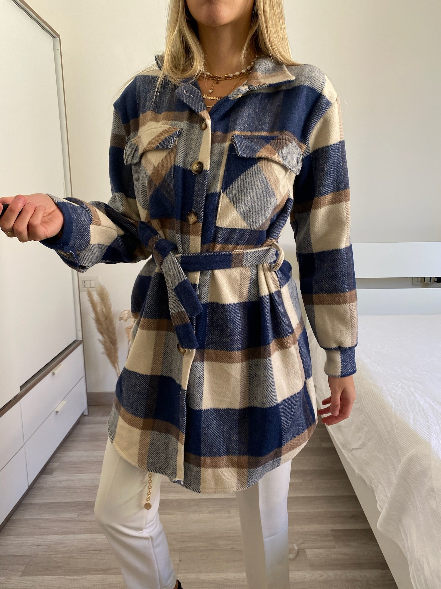Giacca check nude e blu