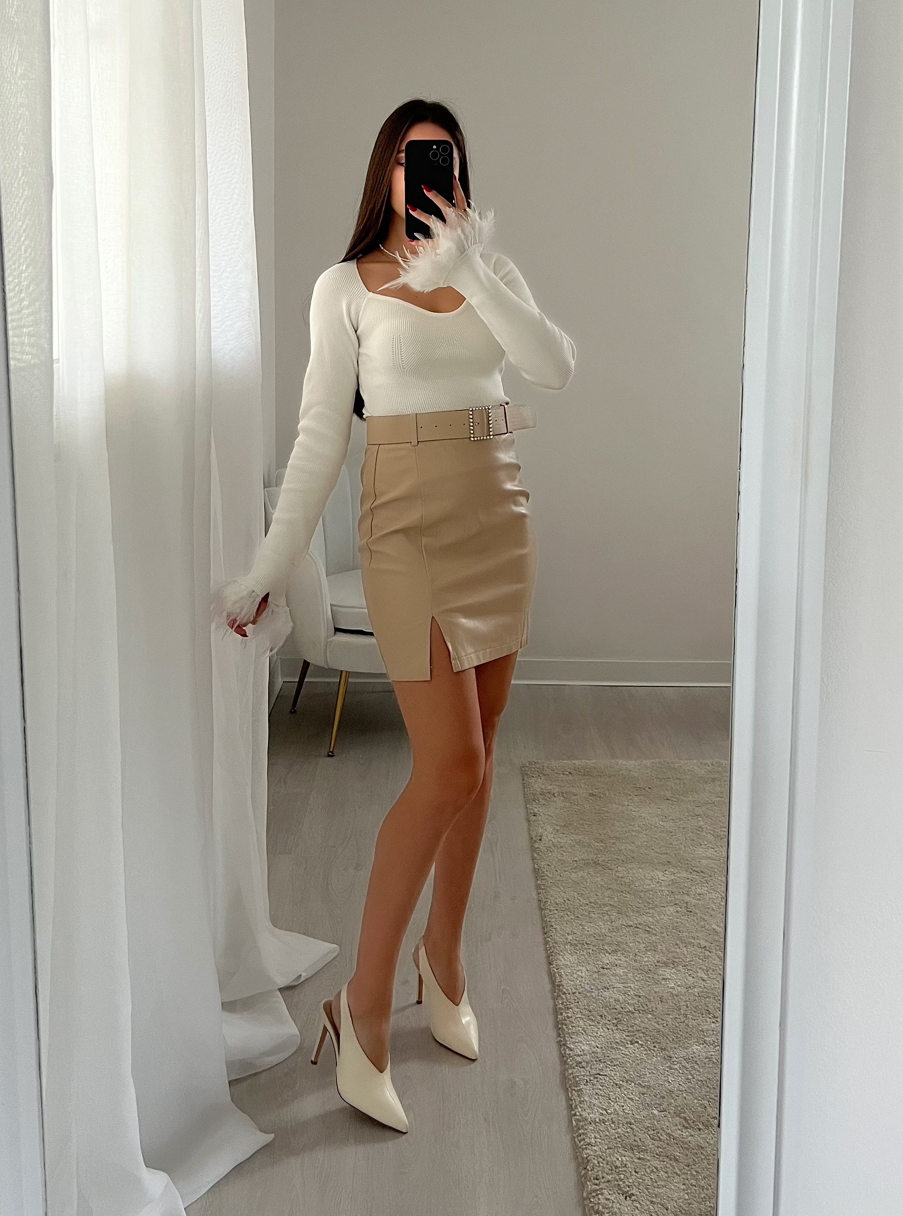Gonna in ecopelle nude cintura strass