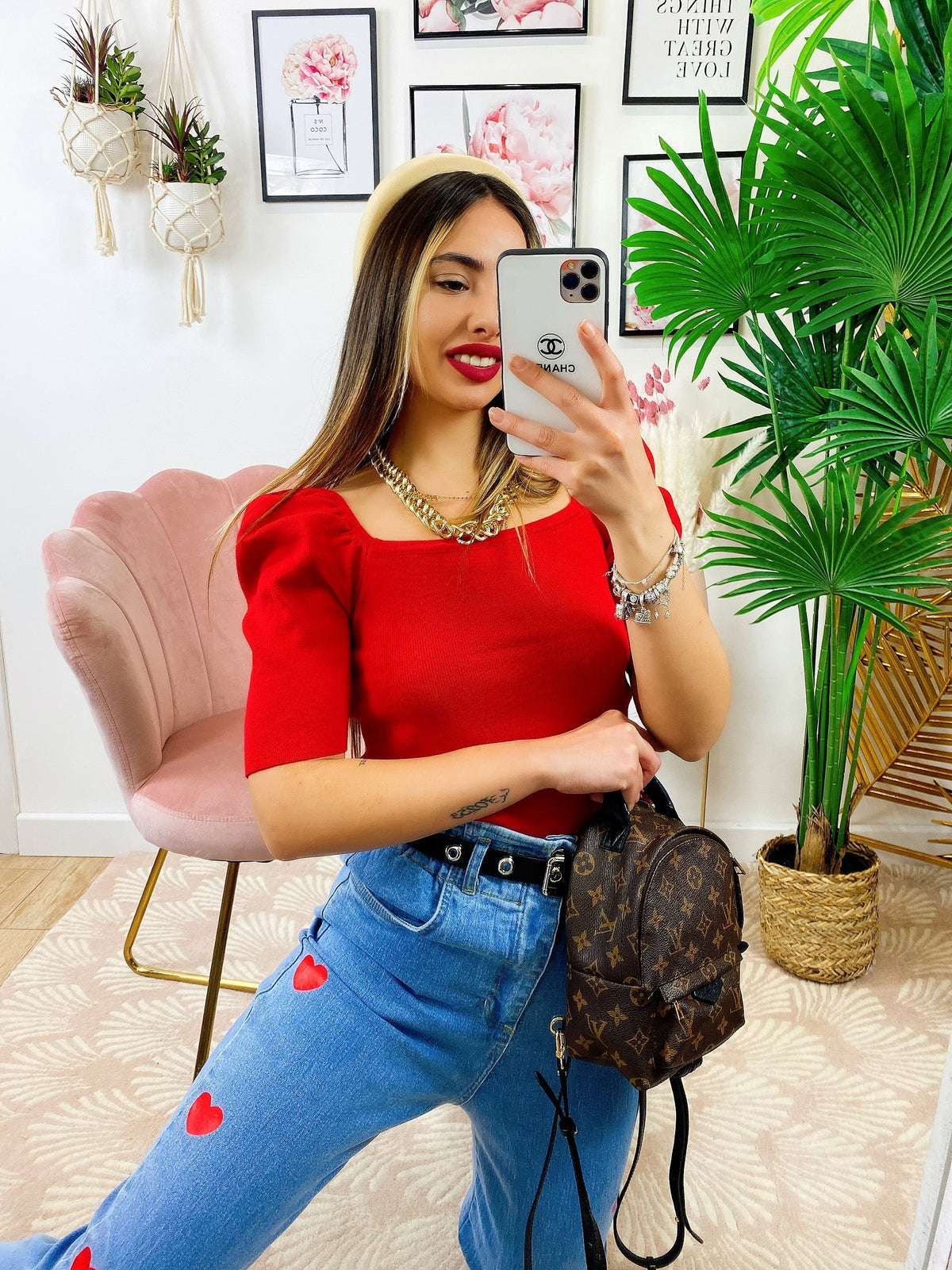 Top con spalline bombate Rosso