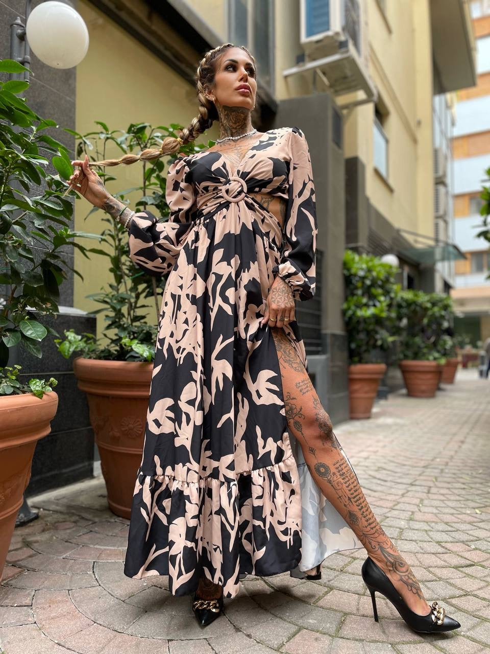 Abito lungo nero beige