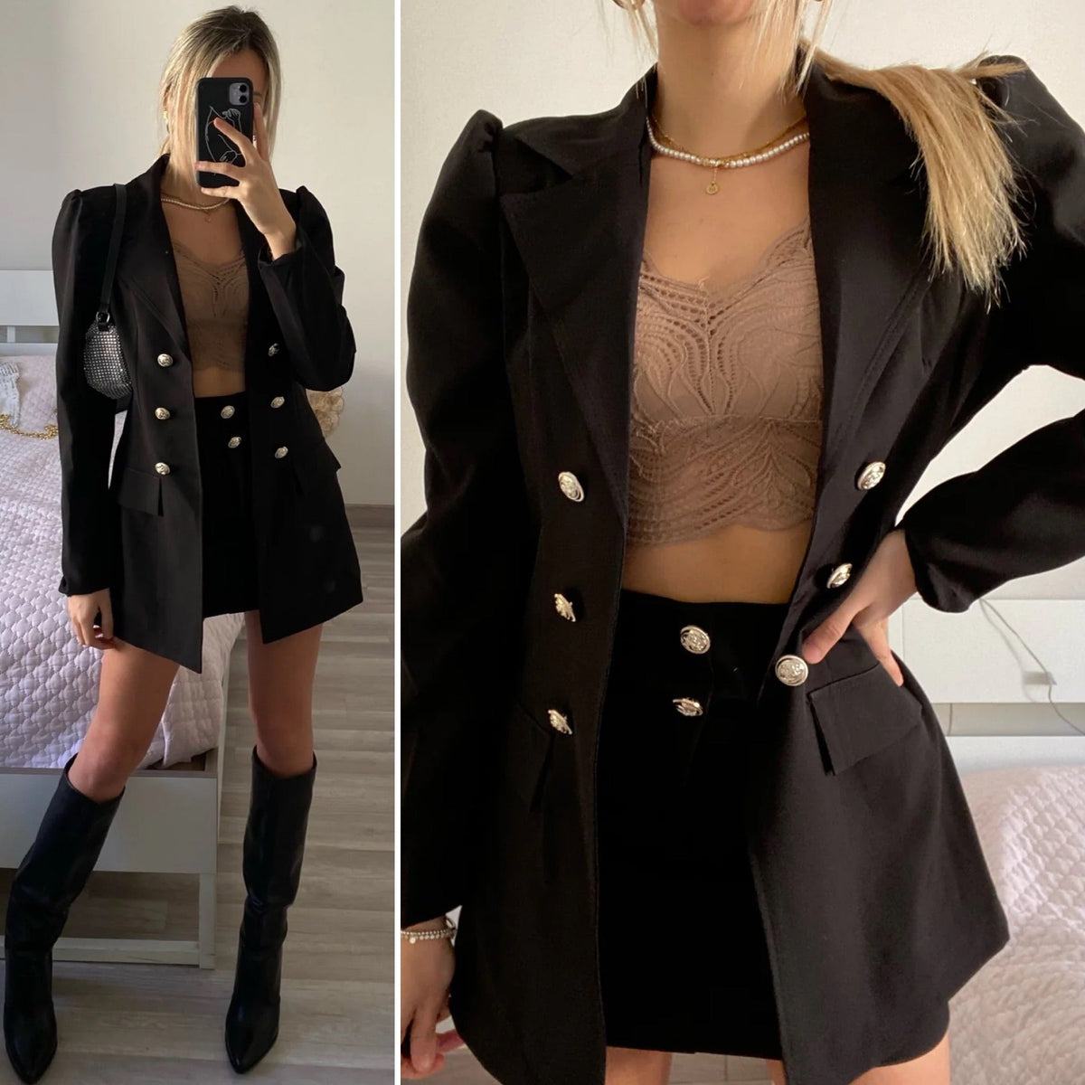 Completo giacca e gonna bottoni oro nero
