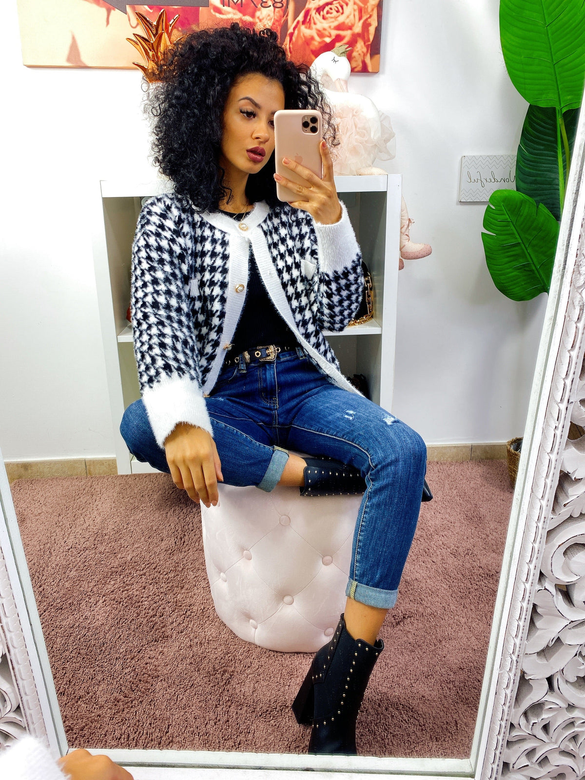 Cardigan pied de poule bottoni in perle