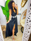 Abito in raso con maxi spacco nero