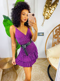 Abito corto viola glitter con gonna asimmetrica