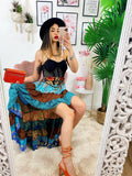 Gonna asimmetrica azzurra e Camel