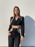 Jeans nero con doppia catena argento