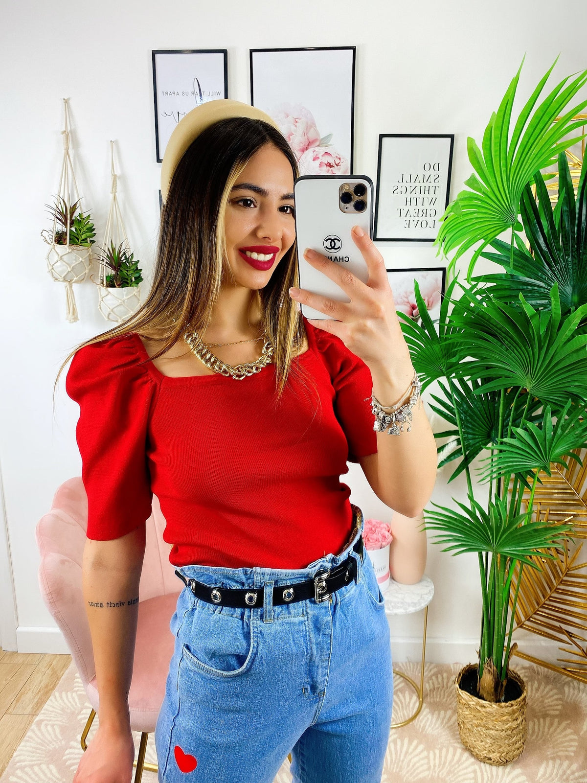 Top con spalline bombate Rosso