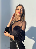Body in velluto con voilant e trasparenze