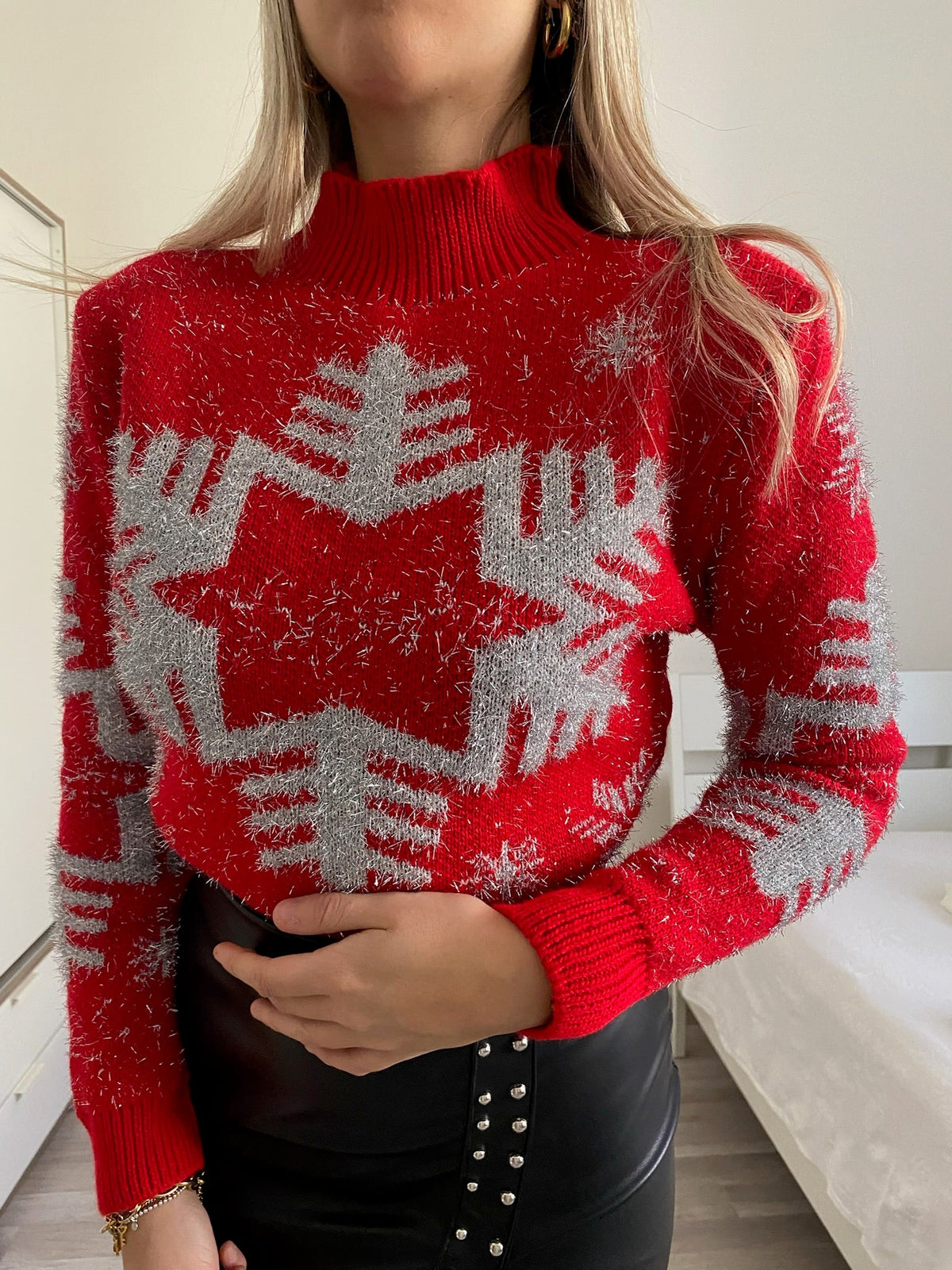 Maglione fiocco di neve rosso e argento